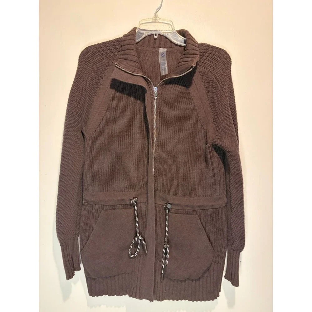 Lou & Grey Chunky 100% Cotton Full Zip Pockets Ribbed Brown Cardigan Jacket SZ M